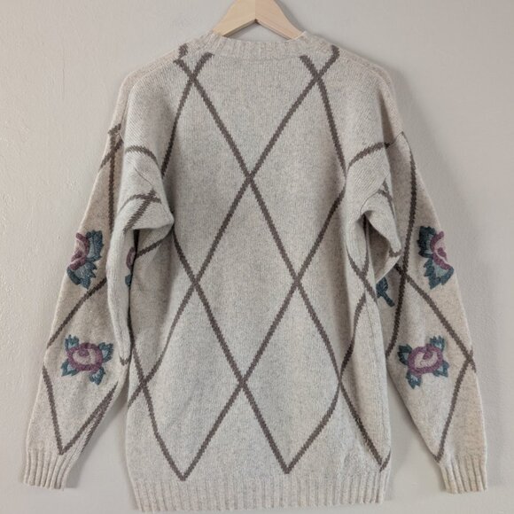 Wool Blend Embroidered Floral Cottagecore Sweater - Beige‎ Diamond Pattern - Picture 3 of 9